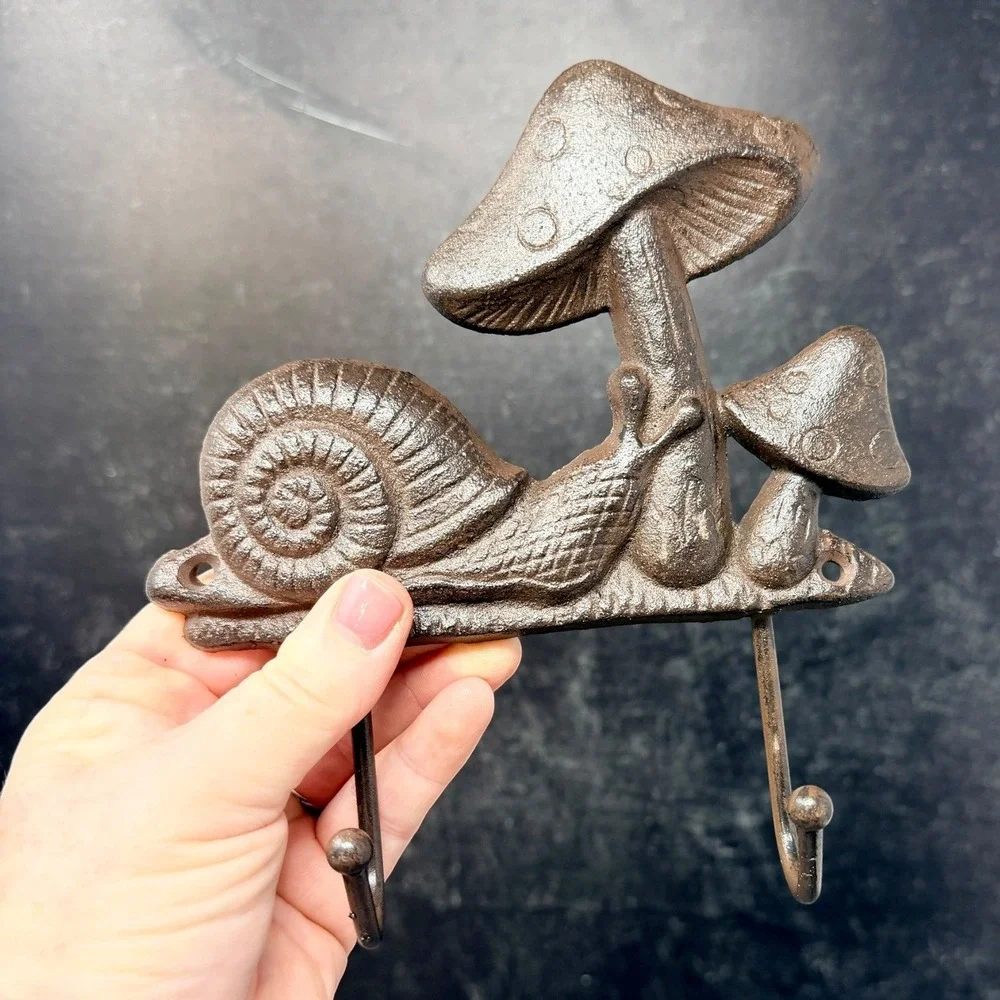 Cast Iron Snail Mushroom Double Wall Hook Garden Whimsical Cottage Decor